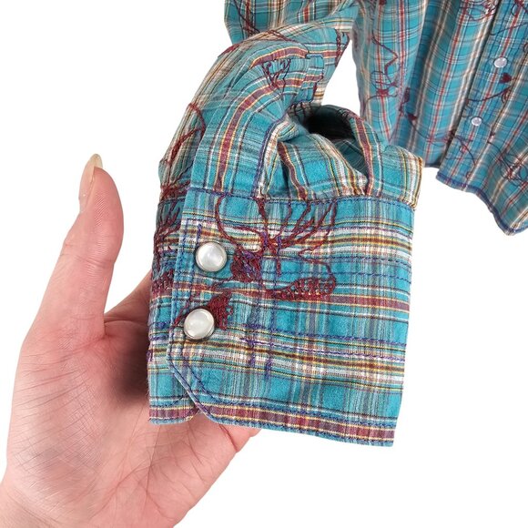 George Roth Floral Embroidered Blue Plaid Button Up Sz XL - Picture 4 of 11